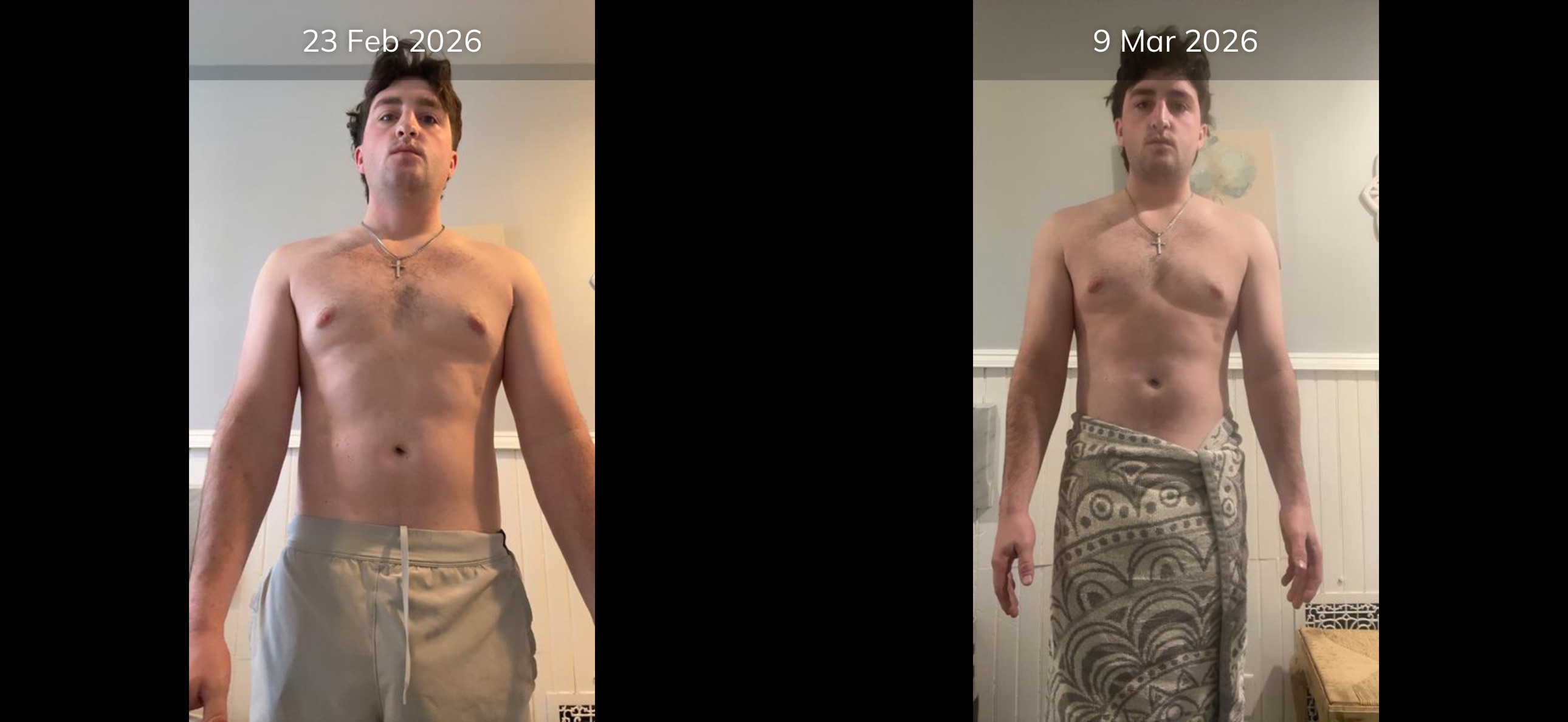 Client — front view Feb to Mar 2026, down 22 pounds