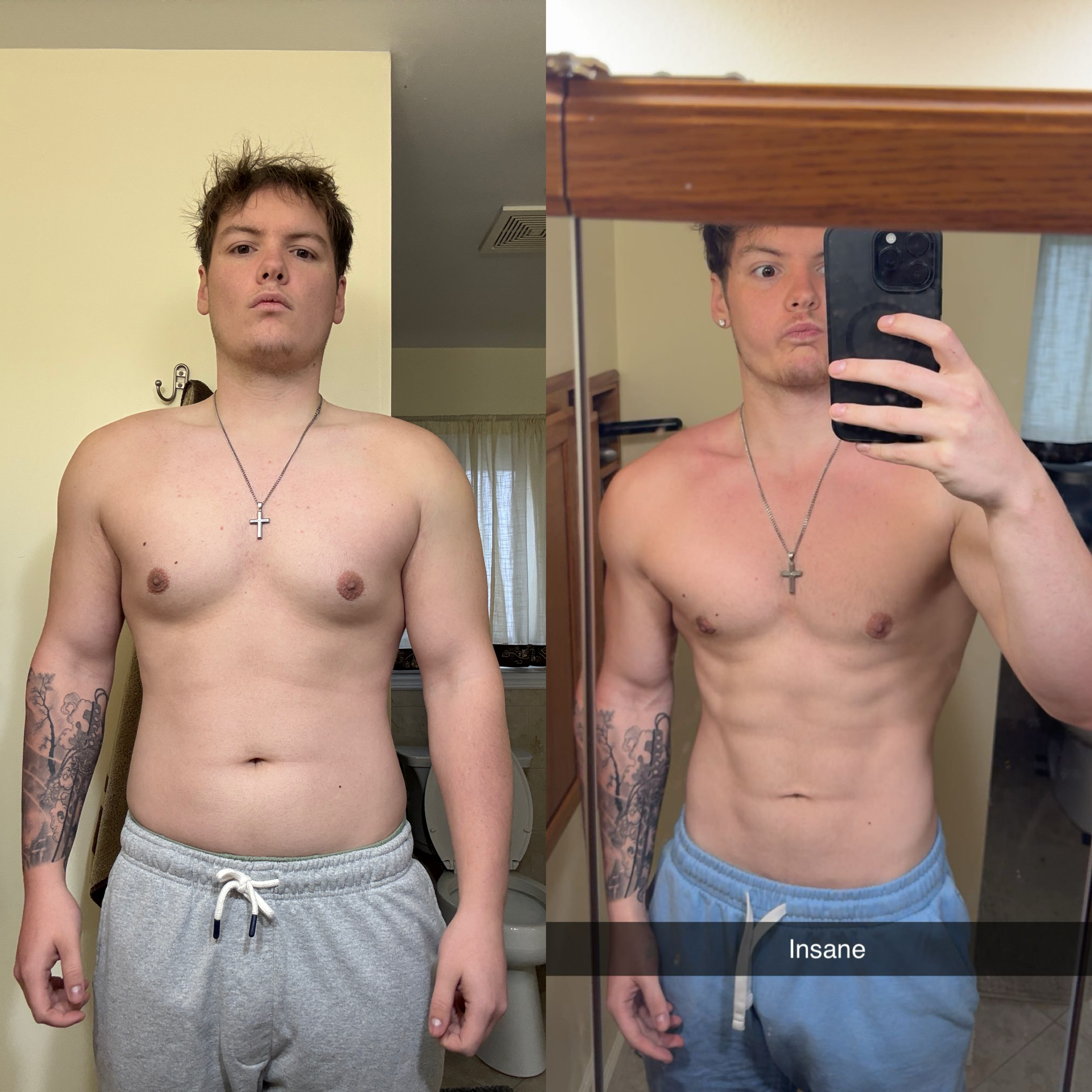 Client transformation — dramatic before and after, down 23 pounds